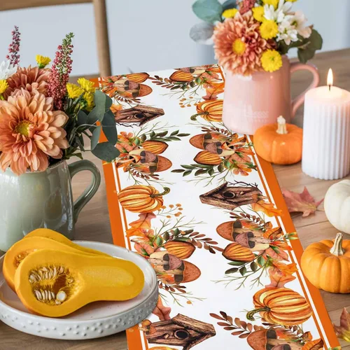 Vista 4 de T&H XHome Camino de mesa de lino de 36 pulgadas de largo para Acción de Gracias, otoño, calabaza, naranja, acuarela, para fiesta, comedor, aparador