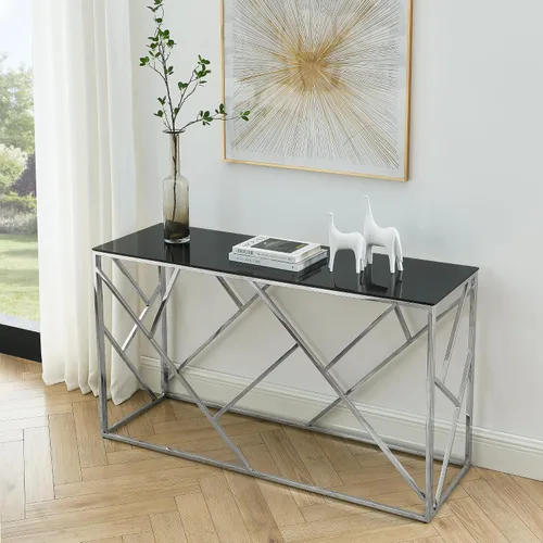 Vista 10 de Mesa consola moderna de cristal, mesa de sofá dorada de 55 pulgadas con marco de metal resistente y parte superior de vidrio templado negro