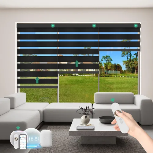 Vista 16 de Persianas motorizadas de cebra con control remoto [doble capa + filtro de luz] Persianas inteligentes 60% opacas para ventanas interiores