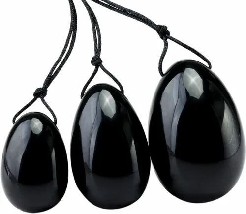 Vista 2 de TUMBEELLUWA Yoni Huevo de cristal curativo 3 piedras de masaje perforadas para mujeres para entrenar músculos pélvicos ejercicio Kegel, obsidiana