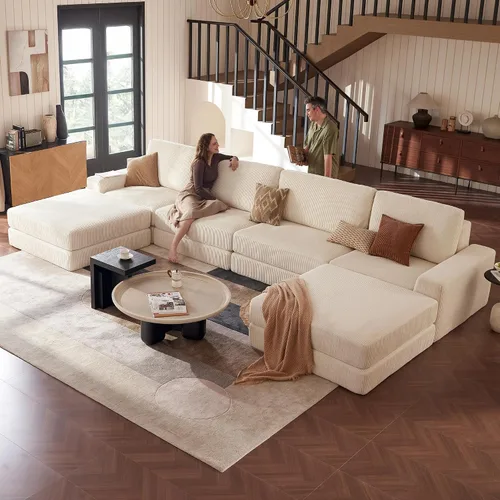 Vista 25 de Sofá seccional modular, 120.47" Sofá seccional moderno en forma de nube con chaise en L, cómodo sofá mullido de corduroy con asiento profundo, sofás