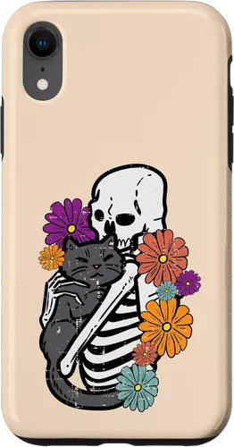 Vista 8 de iPhone 15 esqueleto abrazando flores de gato negro Halloween mujeres niñas caso