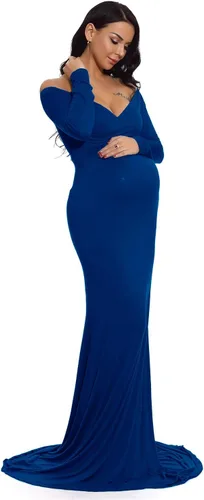 Vista 3 de ZIUMUDY - Vestido ajustado de maternidad con cuello en V fruncido, hombros descubiertos, manga larga, maxivestido para fotografía