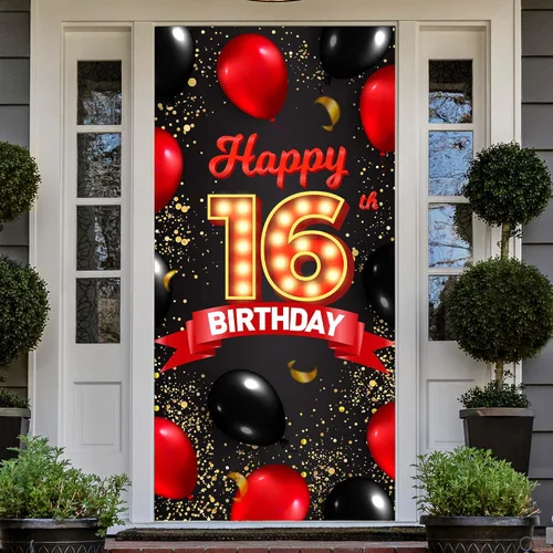 Vista 8 de Cartel de feliz cumpleaños número 15 rojo y negro, globos de fondo para decoración temática para niñas y mujeres, princesas de 15 años, suministros