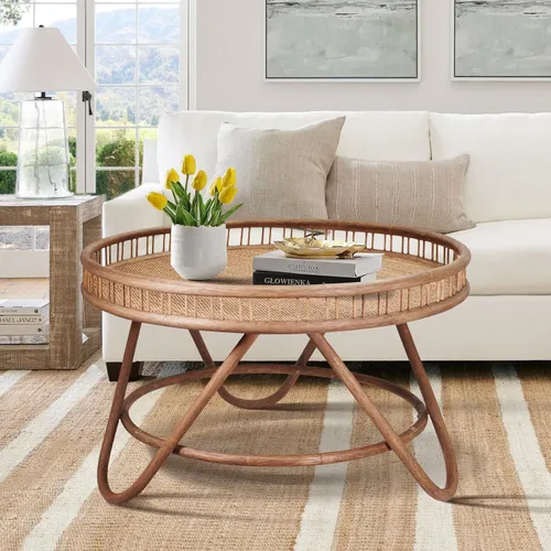 Vista 5 de FINECASA Mesa de centro redonda de ratán bohemio, tejida a mano, estilo moderno, mesa de centro redonda de mimbre para sala de estar, 32 x 18 Marrón