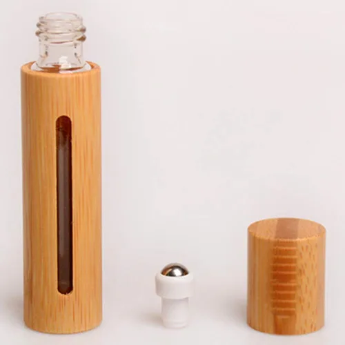 Vista 2 de 2 botellas de rodillo de bambú de 0.3 fl oz vacías rellenables de aceite esencial, botella enrollable para almacenamiento de cosméticos, recipiente