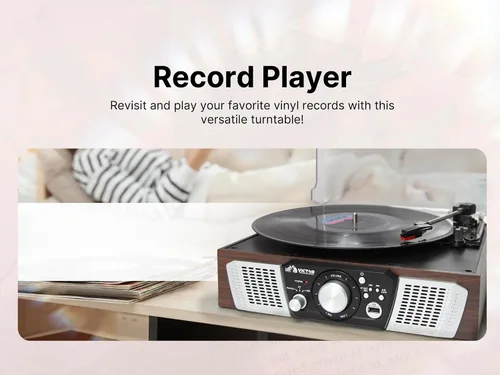 Vista 6 de Victor VHRP-1100 Lakeshore - Sistema de tocadiscos 5 en 1 con reproductor de discos, Bluetooth, reproducción y grabación USB, radio FM y altavoces