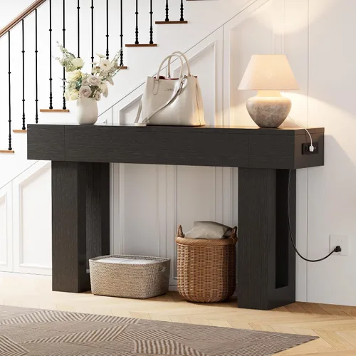 Vista 7 de Mesa consola de 63 pulgadas de largo con salidas y puertos USB, mesa rectangular estrecha para sofá detrás del sofá, mesa de entrada de granja