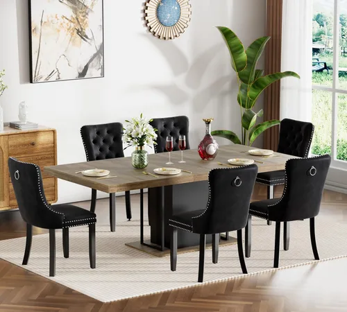 Vista 23 de Henf Juego de mesa de comedor extensible de 78 pulgadas para 6 mesas rectangulares de madera de 7 piezas con 6 sillas tapizadas de terciopelo, mesa