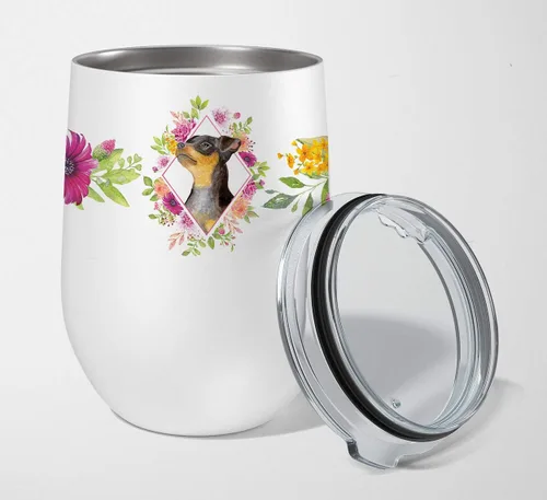 Vista 124 de Caroline's Treasures CK4110TBL12 Afghan Hound Pink Flowers - Vaso de vino aislado de acero inoxidable de 12 onzas con tapa, bonita taza de viaje