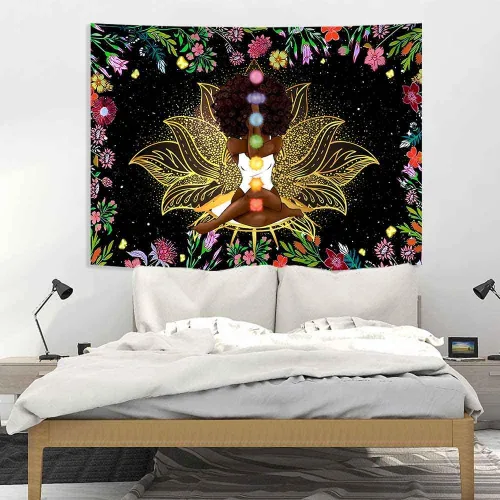 Vista 7 de Ine Ive Tapiz de chakra africano, mujer afroamericana, tapices de meditación zen, 40 x 30 pulgadas, cielo estrellado, flores, jardín, inspirador