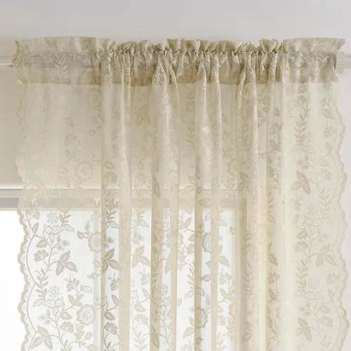 Vista 4 de FINECITY 2 paneles de cortinas de encaje beige de 36 pulgadas de largo con hojas florales rústicas, cortinas cortas y transparentes para ventana