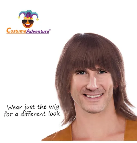 Vista 4 de Peluca hippie marrón para hombre con bigote, peluca Sonny y bigote, pelucas hippie para hombres, peluca hippie de los años 60 para hombres