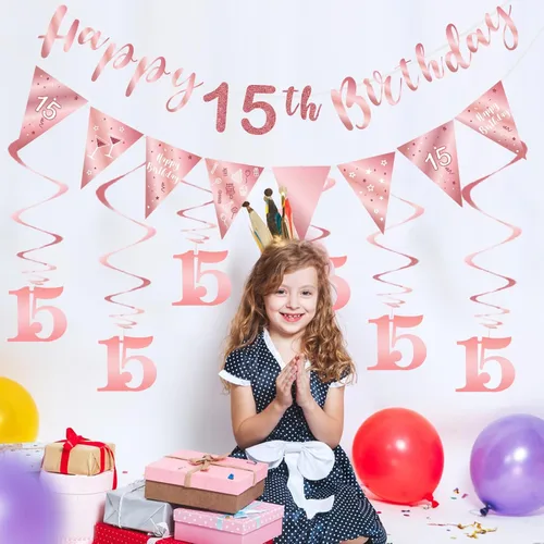 Vista 4 de BRT Bearingshui Kit de decoración de cumpleaños número 15 para niñas, serpentinas de banderines de feliz 15 años, pancarta de bandera triangular