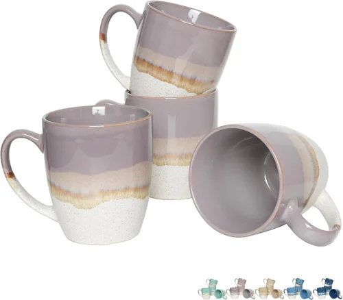 Vista 7 de Bosmarlin Juego de 4 tazas de café de cerámica, 17 oz, tazas de café con asa grande, aptas para microondas, esmalte reactivo único Marrón Gris