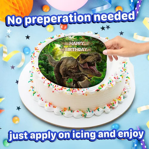 Vista 4 de Decoración comestible para tartas de 7.5 pulgadas, colección de fiesta de cumpleaños con temática de dinosaurios y aventuras, decoraciones