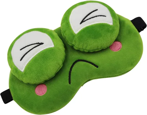 Vista 2 de Divertida máscara de sueño de rana verde, máscara de felpa suave ajustable con los ojos vendados para hombres, mujeres, niños, viajes, siesta