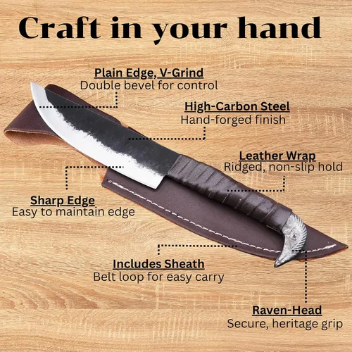 Vista 4 de LEONA CRAFT® Cuchillo de caza fijo hecho a mano Cuchillo vikingo nórdico de cabeza de cuervo Odin's con funda de cuero, hoja de acero al carbono