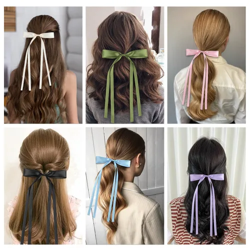 Vista 5 de 8 pinzas de lazo para el pelo para mujeres, niñas, cinta de borla, pinzas para el pelo con cola larga, pasadores de borla de satén sedoso con cola