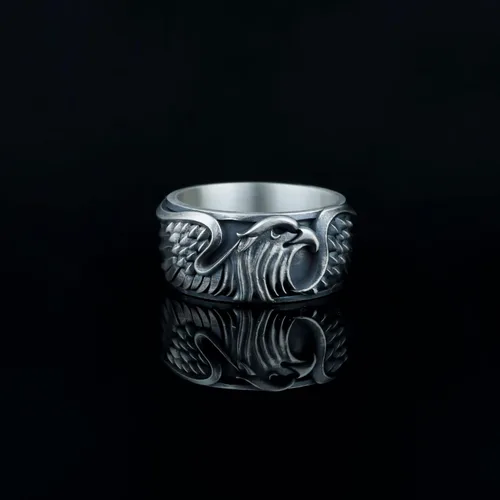 Vista 2 de Sterling Silver Eagle Ring, American Eagle Ring, Winged Bird Band, Mens Eagle Biker Ring, 925 Silver Hawk Band