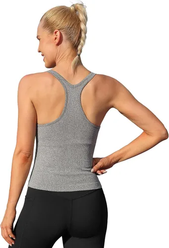 Vista 96 de ATTRACO Camiseta corta acanalada de entrenamiento para mujer con brasier integrado para yoga, espalda cruzada, ajuste ajustado