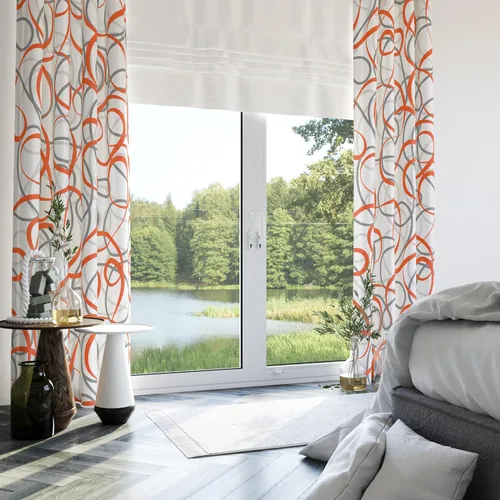 Vista 2 de Cortinas Geométricas Naranja Gris Blanco 2 Juegos de Paneles Patrón de Arte Moderno de Línea Abstracta Tratamientos para Ventanas Oscurecimiento