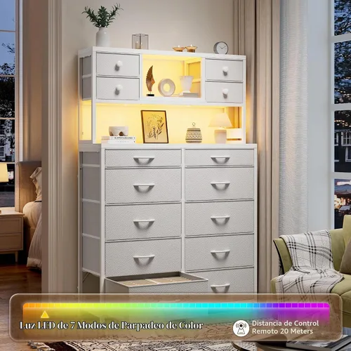 Vista 6 de EnHomee - Cómoda de 160 cm de alto para dormitorio con 14 cajones de tela, cómoda blanca con estación de carga y luces LED, cómodas y arcones