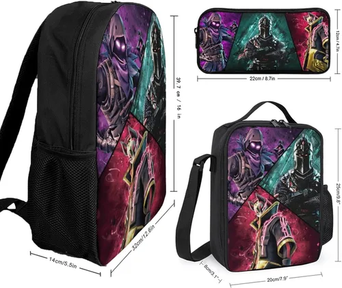Vista 2 de WCZARE Mochila de viaje de dibujos animados diarios con bolsa de almuerzo, juego de 3 piezas, novedad para fanáticos del juego, Negro -, Mochila