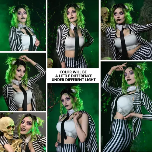 Vista 29 de Peluca de cosplay estilo Bob azul oscuro + horquilla de libélula + collar para fiesta, disfraz de Halloween, peluca de mujer
