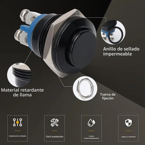 Vista 5 de STARELO 16 mm 5/8" Interruptor de botón momentáneo redondo alto 250 V de CA 5 A 12 V 36 V de CC 2 A 1NO SPST impermeable con carcasa de aluminio