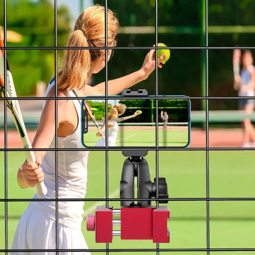 Vista 4 de Soporte de valla para teléfono inteligente para entrenamiento de tenis y pickleball, ajustable retráctil, giratorio 360°, compatible con iPhone