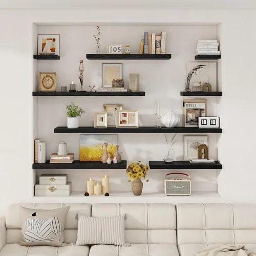 Vista 7 de Fun Memories Pequeños estantes flotantes para pared, estantes cuadrados de pared de 8 pulgadas con soportes invisibles, estantes negros para baño