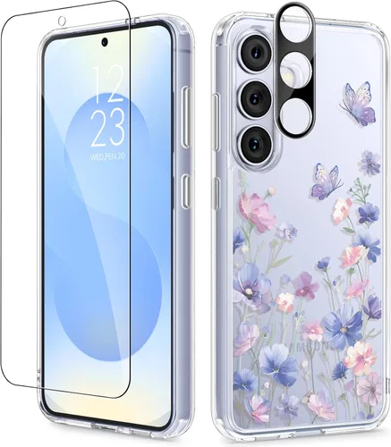 Vista 78 de GVIEWIN Funda protectora para Samsung Galaxy S25, transparente floral, delgada, a prueba de golpes, para mujer, no se pone amarilla, con protector