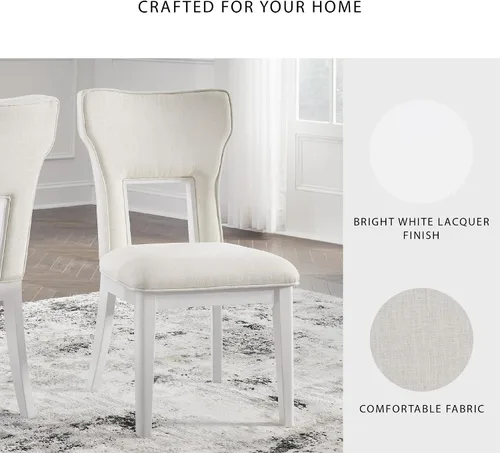 Vista 5 de Signature Design by Ashley Chalanna - Silla de comedor, juego de 2, respaldo moderno con corte glamuroso, marco de madera maciza con asiento Blanco