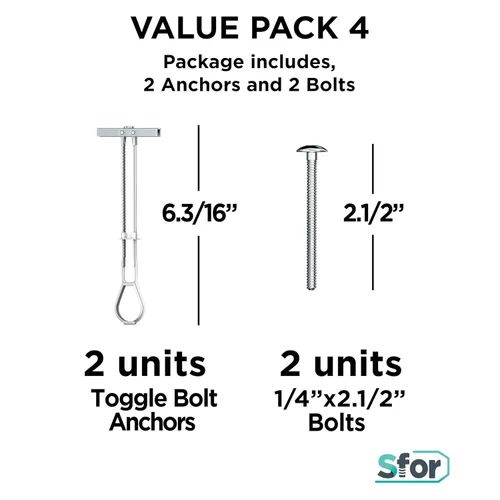 Vista 2 de SFOR - Anclajes para paneles de yeso resistentes de 1/4 pulgadas con pernos autorroscantes Phillips (paquete de 4) - 2 anclajes + 2 pernos - Paquete