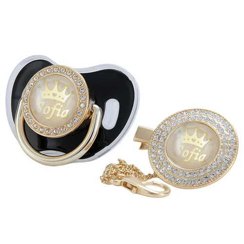 Vista 21 de Juego de Chupete y Clip Personalizado con Cualquier Nombre, Bling Oro Plata, 18 Colores, Libre de BPA, Diseño Único Lujoso, Chupete Ideal para Bebé
