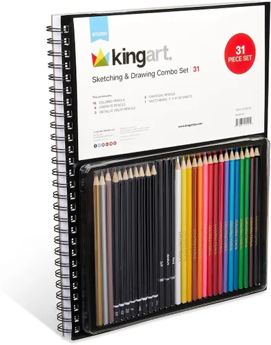 Vista 2 de KINGART Juego de lápices de dibujo y bocetos con bloc de bocetos, 31 piezas de grafito, carbón y lápices de colores, todos los niveles de habilidad