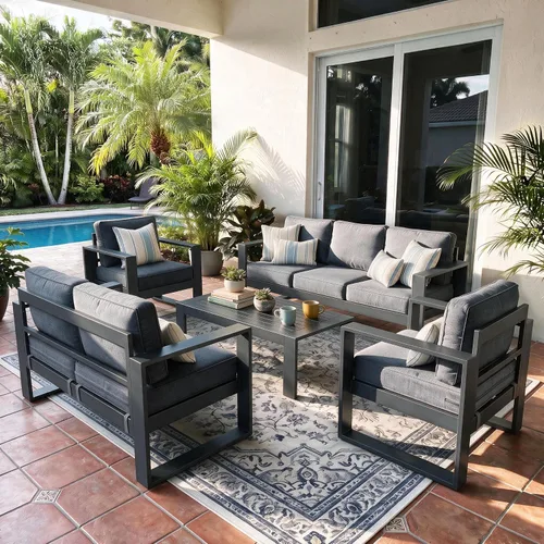 Vista 14 de LayinSun - Juego de muebles de patio de aluminio para exteriores de 4 piezas, sofá de conversación moderno de metal con mesa de café y cojines Negro