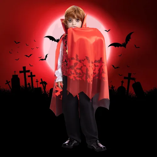 Vista 6 de Vampire Costume Kids Boy Medieval Scary Vampire Costume for Halloween Party, Vampire Teeth Cosmetic Kit IncludedBlack Red