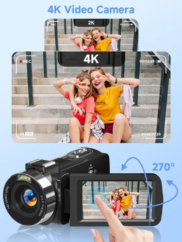 Vista 2 de Videocámara de video 4K con tarjeta SD de 64 GB, cámara WiFi de 56 MP para YouTube, visión nocturna IR, pantalla táctil de 3.0 pulgadas, zoom