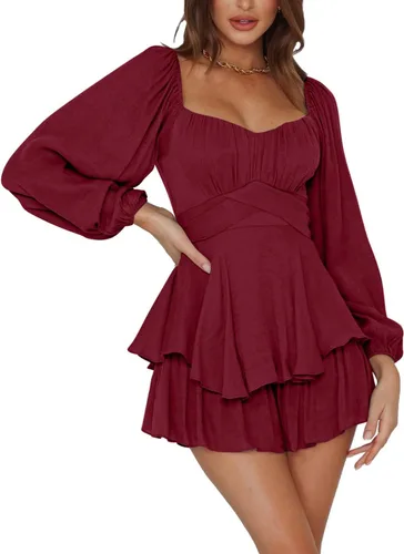 Vista 4 de LYANER - Enterizo con volados de manga larga estilo farol y con lazo, para mujer, rómper corto