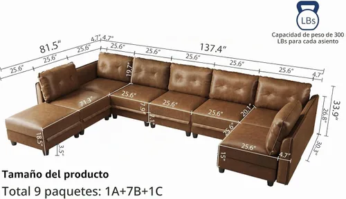 Vista 2 de LLAPPUIL - Sofá seccional modular con almacenamiento, sofá en forma de U para sala de estar, impermeable y fácil de limpiar, 7 asientos con otomana