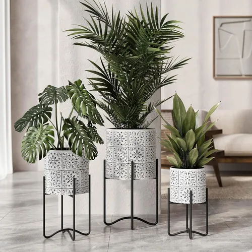 Vista 2 de EverNest Tristan - Maceta neutra de diseño bohemio blanco y negro con soporte Ambrose, macetas SelectBase para plantas