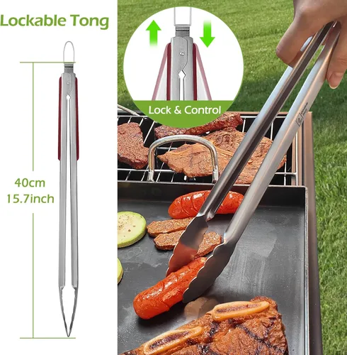 Vista 4 de Juego de herramientas de barbacoa de acero inoxidable de 4 piezas, pinzas, tenedor, espátula, cepillo, utensilios para parrilla - Herramientas