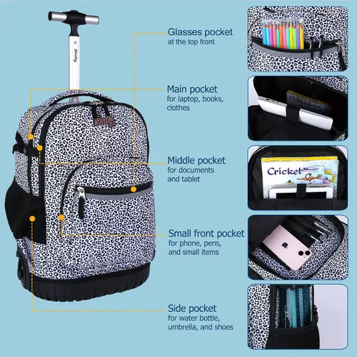 Vista 4 de seastig Mochila con ruedas de 18 pulgadas, mochila con ruedas, mochila para computadora portátil, mochila para adultos, niños, viaje escolar