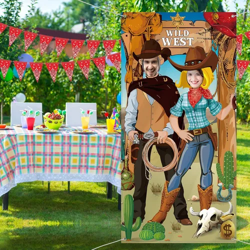 Vista 5 de Blulu Decoraciones de fiesta de fondo de vaquero occidental de 6 x 3 pies, decoración para cabina de fotos de rodeo del salvaje oeste, fondo