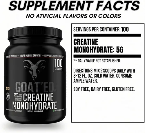 Vista 5 de GOAT'ED Monohidrato de creatina en polvo Creatina micronizada 100% pura para crecimiento muscular, fuerza y recuperación Suplemento de creatina