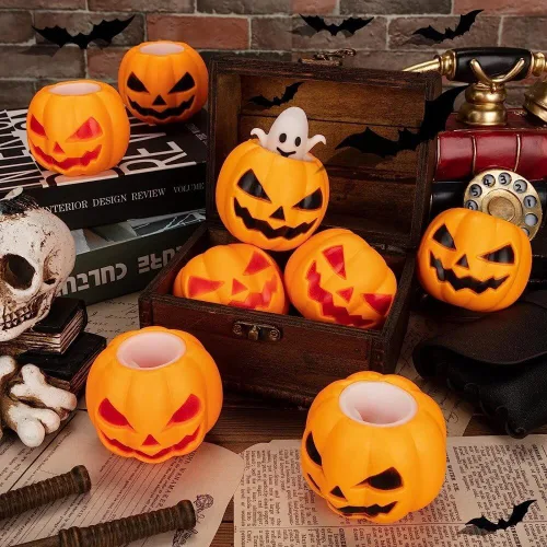 Vista 7 de Juguetes para apretar de Halloween, diseño de calabaza malvada, diseño de calabaza malvada, fantasma, cráneo, murciélago, juguetes para la ansiedad