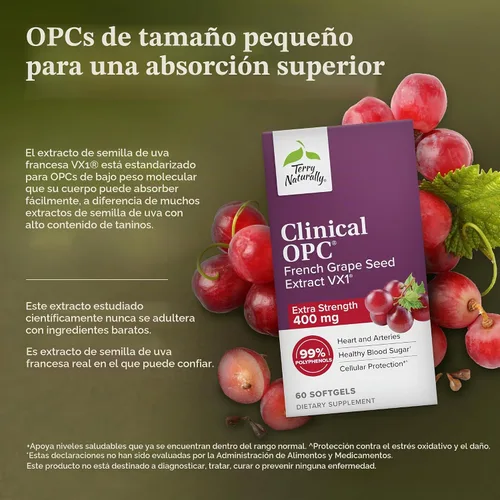 Vista 3 de Terry Naturally Clinical OPC Extra Strength - Apoyo a la salud cardiovascular y la concentración - Suplemento con extracto de semilla de uva