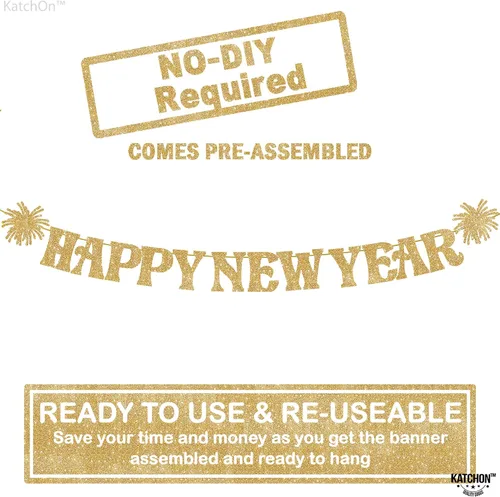 Vista 2 de KatchOn, Cartel de feliz año nuevo dorado con purpurina – 10 pies, Bye 2026 Hello 2026 Banner Decoraciones de feliz año nuevo, letrero de feliz